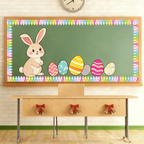 Image of Whaline 65.6ft Easter Bulletin Board Border Glitter Colorful Bunny Rabbit Shaped Die-Cut Border Trim for Spring Classroom Home Office Wall Chalkboard Decoration