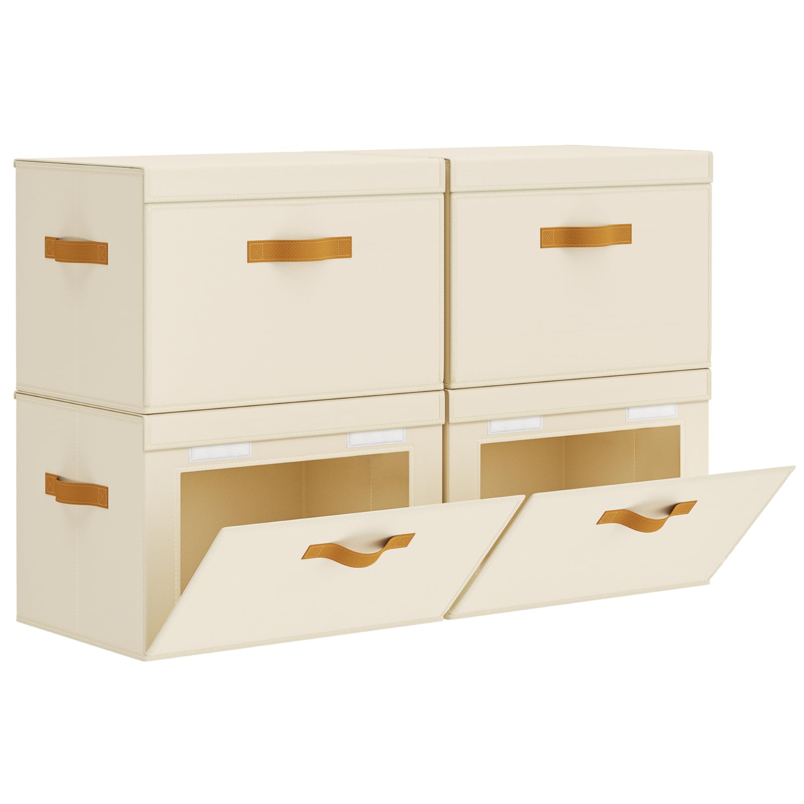 Homsorout Lot de 4 grands bacs de rangement avec couvercles, bacs de rangement en tissu à ouverture frontale avec poignées, panier décoratif pour la maison, le dortoir, beige