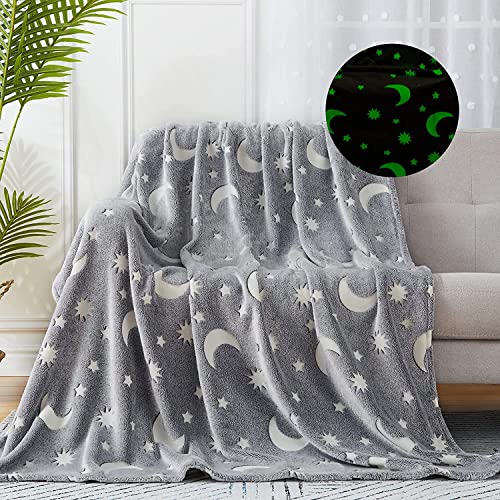 Image of Glow in The Dark Blanket Gifts for Toddler Kids Teen Girls| 80 x 70 inch / 200cm x 180cm |Bedroom Decor, Lightweight Throw Blankets|Soft Cozy Fluffy Luminous Throw Blanket - Grey Moon