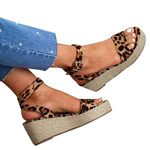 Cenglings Wedges Sandals,Women's Open Toe Leopard Print Ankle Strap Buckle Platform Wedges Espadrilles Flatform Roman Shoes