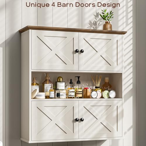 Image of Vabches Bathroom Wall Cabinet, Farmhouse Medicine Cabinet with 4 Barn Doors, Large Wooden Vintage Storage Cabinet Wall Mounted for Bathroom, Kitchen, Rustic White
