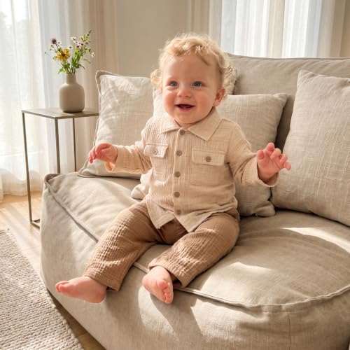 Image of VISGOGO Toddler Boy Linen Outfit Baby Boy Fall Winter Clothes Set Button-Down Shirt Tops Cotton Linen Pants 2PCS