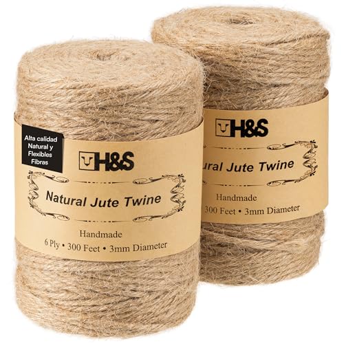 H&S Cuerda de Yute Natural - 2 Bobinas x 3mm de Grosor Rollo de Hilo Resistente - 6 Capas y 300 Pies de Cuerda Cañamo para Manualidades
