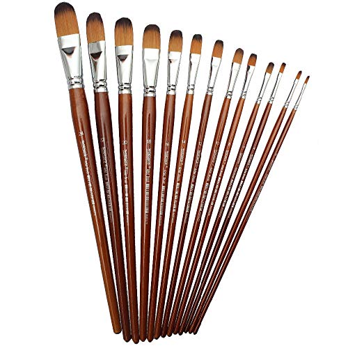 Image of Chrome Long Handle Synthetic Filbert Tip Artist Paint Brushes - 13 Piece Set