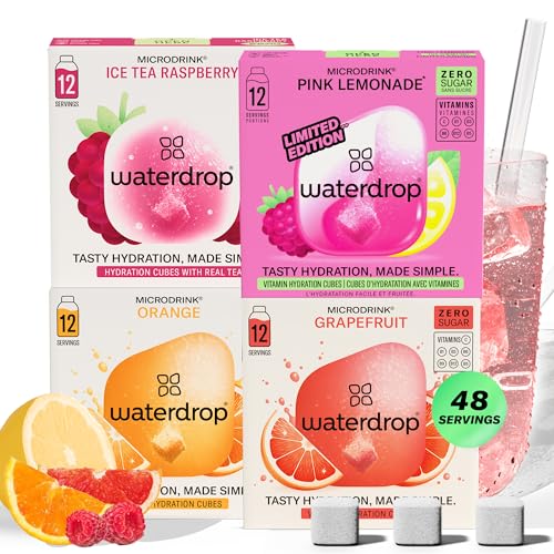 waterdrop® Microdrink Lemonade Set - 48 Water Flavouring Hydration Tablets, Flavoured Water Cubes in Orange, Ice Tea Raspberry, Grapefruit & Pink Lemonade Flavours, with Vitamin C, Vegan, Sugar Free
