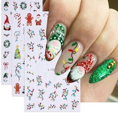Kinretixia 3 láminas de pegatinas de uñas navideñas autoadhesivas muñeco de nieve árbol de Navidad vacaciones, decoración de uñas navideñas accesorios pegatinas de uñas para Navidad