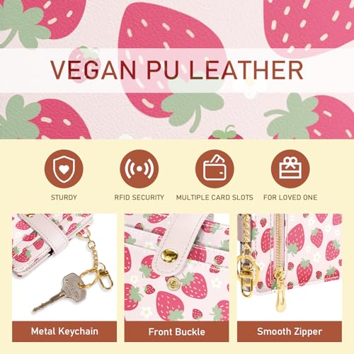 Image of Jogjam Strawberry Rfid Girls Girly Teen Wallet, Small Slim Thin Compact Travel Credit Card Women Wallet, Cute PU Leather Bifold Cash Zipper Coin Pocket ID Window for Female Ladies Gifts
