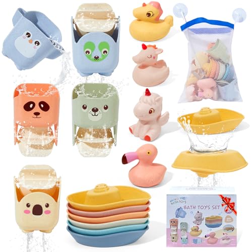 Image of Mold Free Bath Toys, 15PCS | Safe Fun & Easy Clean Floating Boats & Rotating Waterfall Cups & Sealed with No Holes Floating Tub Toy and Mesh Bag for Babies 18+ Months | Bathtub Pool Water Toddler Toys
