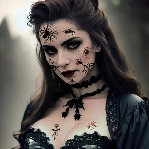 Image of 30 Sheets 200+ PCS Halloween Face Tattoos Realistic 3D Spider Web Fake Tattoos for Kids Halloween Temporary Tattoos,Halloween Spider Web Temporary Tattoos Halloween Makeup Kit for Women Adults