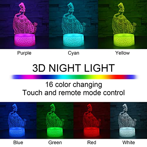 Image of i-CHONY Princess Gift Night Light for Girls, 3D Illusion Lamp with Remote & Smart Touch, 16 Colors Dimmable Bedroom Decorations, Kids Teens Birthday Gift