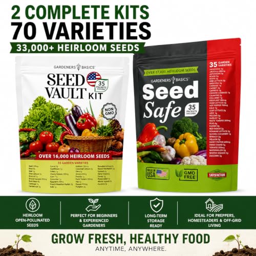 Gardeners Basics Survival Seed Vault & Seed Safe Bundle – 70 Heirloom Vegetable Varieties, 33,000+ Seeds, Non-GMO Emergency Food Supply - Image 2