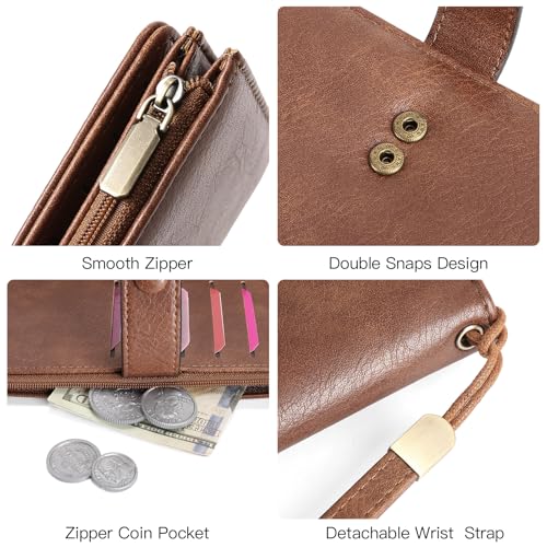 Image of GOIACII Womens Wallets Large Capacity Credit Card Holder RFID Blocking Leather Wallet Wristlet Ladies Clutch Purse Brown