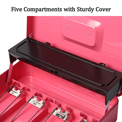 Metal Cantilever Cash Box with Key Lock, Decaller Large Lock Money Box - 5 Compartments with Cover & 4 Spring-Loaded Clips for Bills, Pink, 11 4/5\" x 9 2/5\" x 3 1/2\"