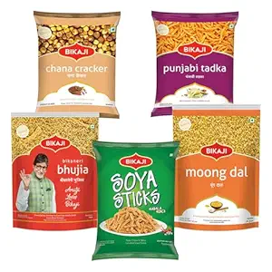 Bikaji Snacks Combo – SOYA STICKS & BHUJIA & Moong Dal & PUNJABI TADKA & ROASTED CHANA CRACKER | 5 Pack Variety | Bar Snacks, Party Mix & Tea-Time Treats – 1 Kg