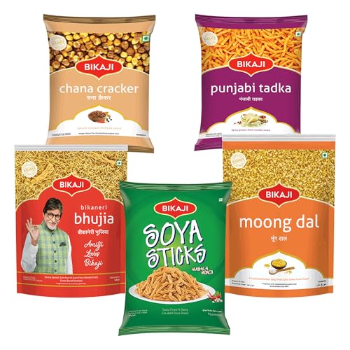 Bikaji Snacks Combo – SOYA STICKS & BHUJIA & Moong Dal & PUNJABI TADKA & ROASTED CHANA CRACKER | 5 Pack Variety | Bar Snacks, Party Mix & Tea-Time Treats – 1 Kg