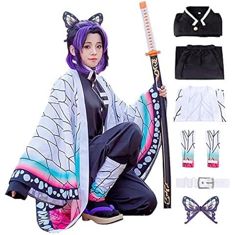 IamaCos Kochou Shinobu Costume Demon Slayer Anime Cosplay Outfit Kimono Haori Cloak Cape Full Set Uniform+ Butterfly, Woman, S Cover