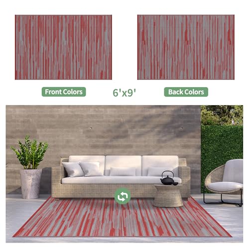 Image of GENIMO Outdoor Rug, Waterproof Plastic Rugs for Patio, 6'x9' Crimson Grey | Outside Larger Modern Carpet Mat for Porch Decor, Deck, Balcony, Camping, RV, Backyard, Picnic, Beach, Reversible, Foldable