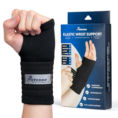 Actesso Elastische Handgelenkbandage – Handgelenk Bandagen für Verstauchungen, RSI, Sehnenscheidenentzündung oder Sport – Für Linke oder Rechte Hand (Mittelgroß, Schwarz)