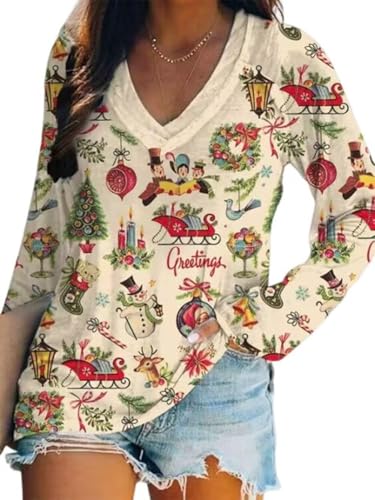 Christmas Snowman Print Shirt for Women Cute Xmas Tree Santa Print Long Sleeve Tshirts Casual V Neck Fall Shirts Tops