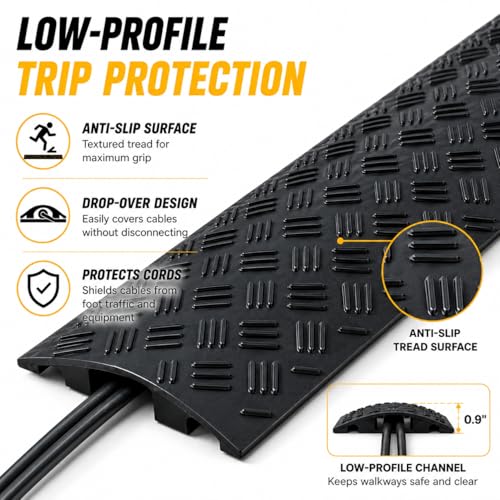 Image of 2 Pack Black Drop Over Cable Cover Ramp 40 x 5.3 x 0.9 Inch, Heavy Duty Cable Hose Protector Ramp with 1 Channel, High Load Capacity for Indoor Use, Office, Warehouse & Event Areas