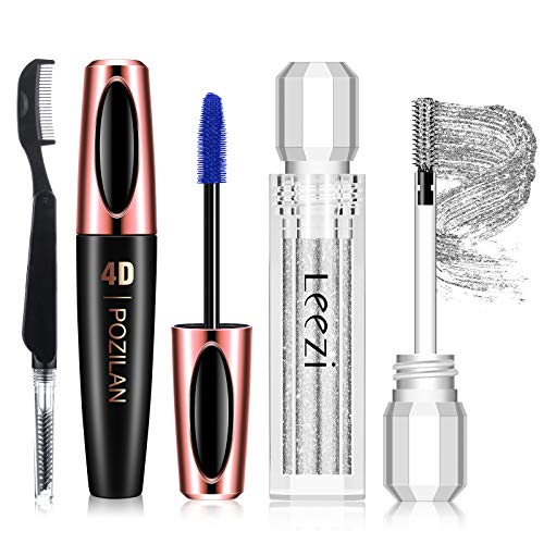 4D Silk Fiber Lash Mascara with Eyelash Comb, Blue Color & Glitter Eyelash Macara Waterproof Long Lasting, Thickening and Lengthening, All Day Exquisitely, Natural & Non-Toxic(Blue)