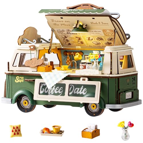 Rolife 3D Wooden Puzzle for Adults Vintage Leos Coffee Truck DIY Wood Model Kit Craft Building Set Home Desk Decor Birthday Gift for Family & Friends