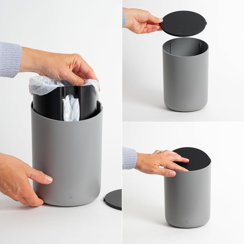 Kazai.® Mini Waste Bin 'Tove' - Small and Unique Design Bin from Berlin, Bin: Dark grey, Lid: Black, 14.2 cm x 14.2 cm x 21.1 cm - Image 2