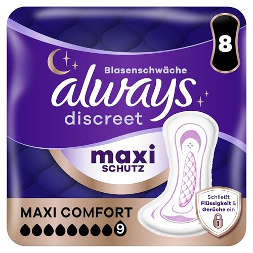 Always Discreet Inkontinenz-Einlagen Maxi Comfort Tag Und Nacht Für Frauen Saugstärke 9 8 Stück Extra Sicher Bei Blasenschwäche Geruchskontrolle