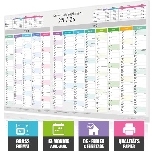 XXL Schuljahreskalender 2025/2026 - Wandkalender - Jahresplaner Schule A1 (84x59 cm), Wandplaner mit Kalenderwochen, Feiertagen & Ferien - Großformat Kalender für Schule, gefalzt Wall Calendar 25/26