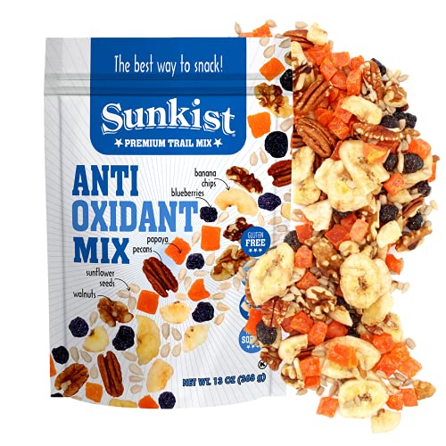 Sunkist® Antioxidant Trail Mix - Fruit, Nut and Seeds, Low Sodium, Gluten Free Snack with Papaya, Banana Chips, Pecans, Walnuts, Blueberries, Sunflower Seeds | Premium Quality | 13 oz Resealable Bag