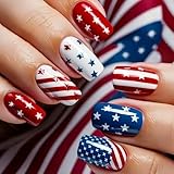 4th of July Press on Nails Medium Square Fake Nails Red Blue False Nails with Line Stars Designs America Flag Glossy Stick on Nails July 4 Nails Glue on Nails Acrylic Nails for Women Girls 24 Pcs