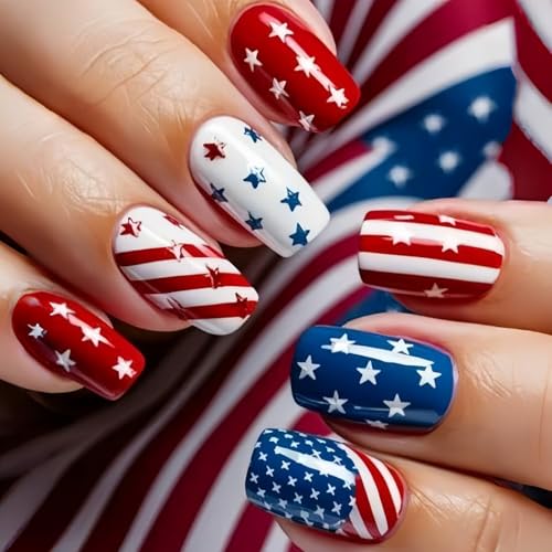 4th of July Press on Nails Medium Square Fake Nails Red Blue Fals...