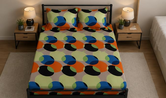 Image of Jashan 210 TC Glace Cotton Circle Design Multi Printed Cotton Bedsheet with Pillow Cover - Soft & Breathable Single Bed Sheet 72x78x10 Inche