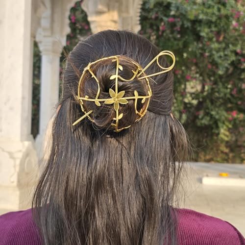 Image of Womens Bun Holder Hair Slide Clip Hairpin Stick Hair Accessories Gold | 1 Piece Hair Bun Cage (Floral Cage)