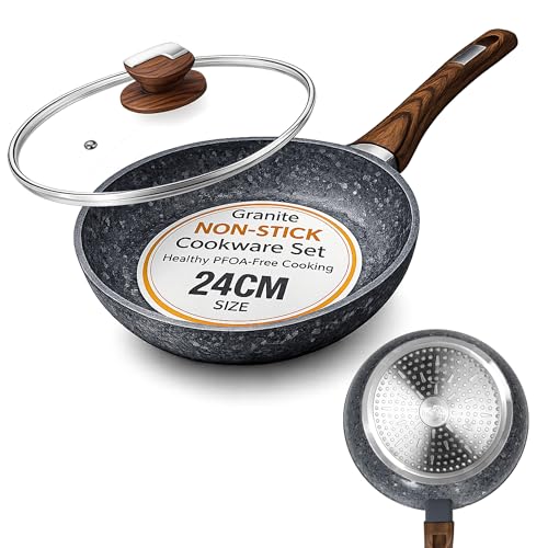 HOUSZY Non-Stick Frying Pan with Lid – 24cm, Non-Stick Granite Coated Induction Hob Skillet, Scratch-Resistant Cooking Surface, Ergonomic Bakelite Handle, Glass Lid Included