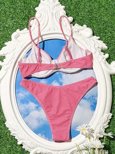 SweatyRocks Women's 2 Piece Bikini Set Plaid Bowknot Gingham Swimsuit High Cut Cute Bikini2