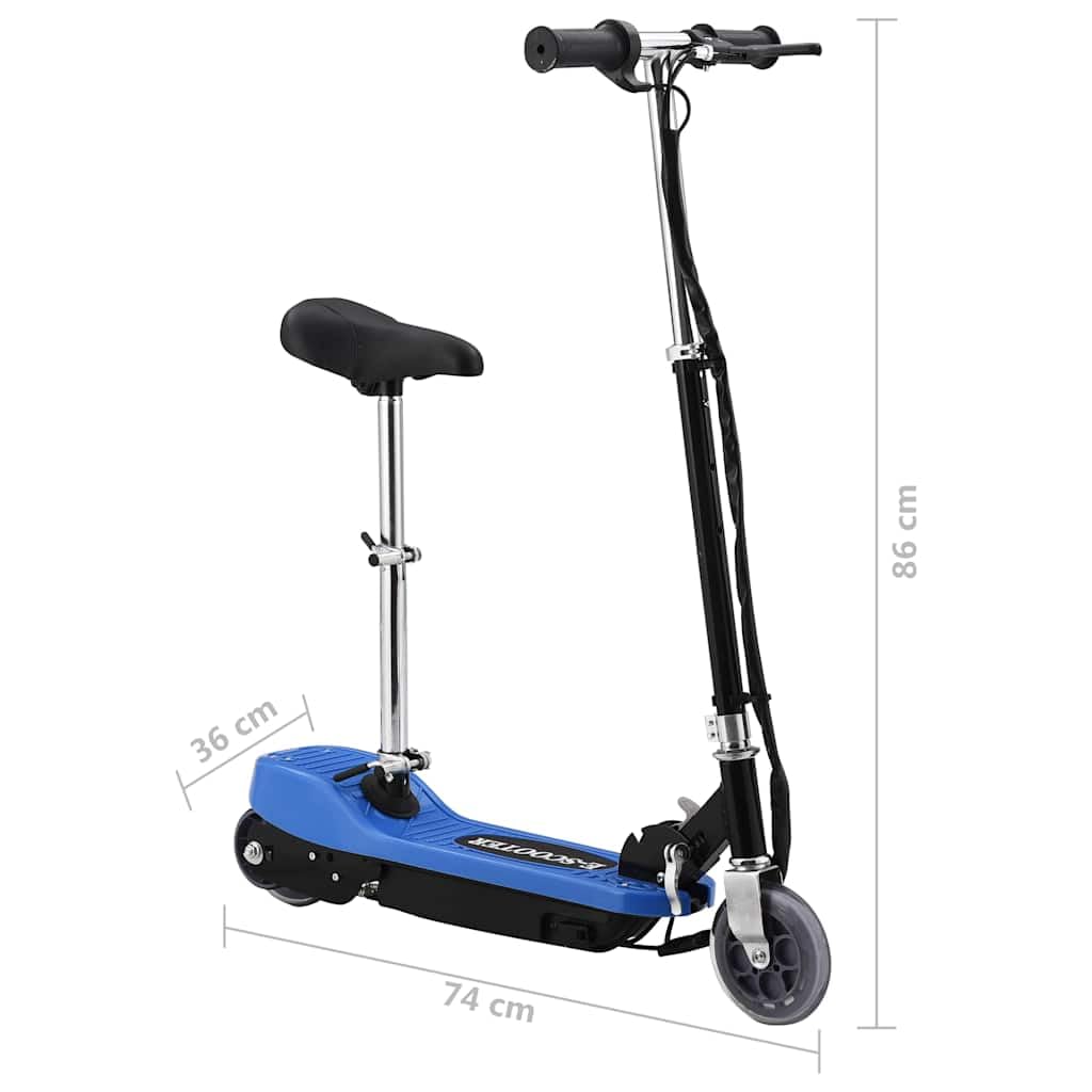 Trottinette électrique avec siège 120 W bleu, pliable et pliable, avec guidon et hauteur de siège réglables, pneus anti-crevaison, idéale pour les enfants jusqu'à 50 kg, mobile et maniable