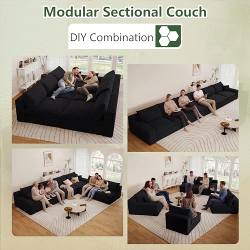 Image of 136 inch Cloud Couch Modular Sectional Sofa for Living Room, U-Shape Boneless Couch with Deep Seat, Modern Corduroy 6-Seater, No Assembly Required, Black