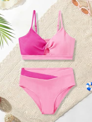 Girls Swimsuit Color Block Twist Bathing Bikini Suit Adjustable Straps Girls 2 Piece Swimsuit 7-14 Years3