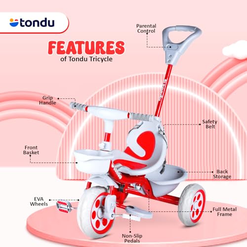 Image of TONDU Kiddo Tricycle for Kids /Baby with Storage Basket | Seat Belt with Parental Control Baby Tricycle (Red)