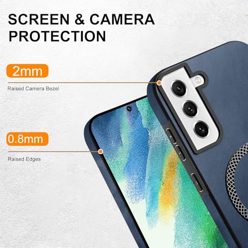 Image of KARWAN Shockproof Hybrid Leather Finish Back Case Cover Compatible with Samsung Galaxy S21 FE with Wireless MagEaze Charging Cover, Anti-Scratch Shield Case with Strong Minimalist Design (Blue)