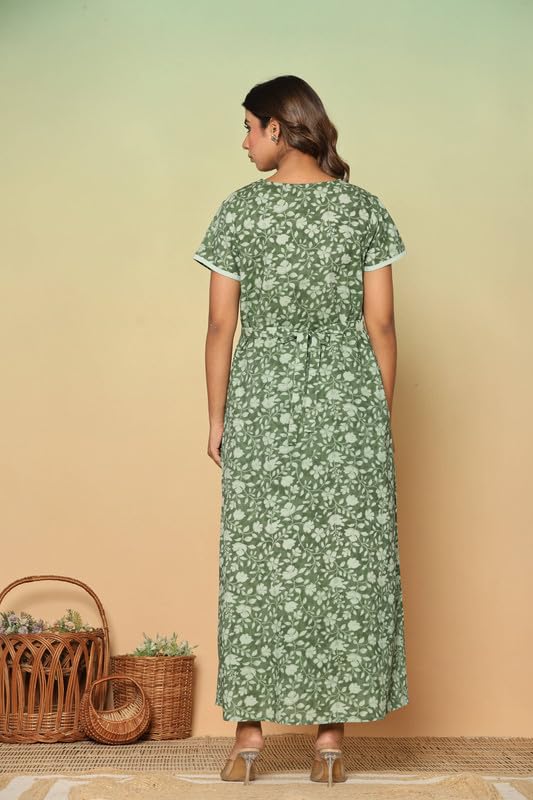 Image of NIHSAMAH Cotton Night Gown for Women - Angrakha Style Nighty, Comfortable Sleepwear /Nightwear /Maxi
