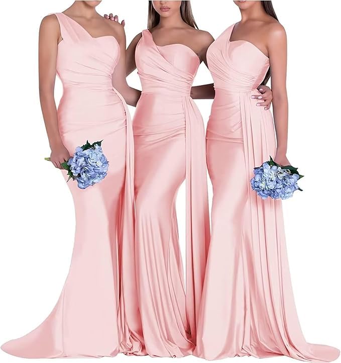 Image of One Shoulder Bridesmaid Dresses for Wedding Long Satin Bodycon Prom Dress Mermaid Formal Evening Gowns