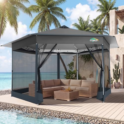 Image of COBIZI 14x14 Pop Up Gazebo Tent with Mosquito Netting, Gazebos on Clearance, Hexagonal Outdoor Canopy Shelter, Patented Center Lock 6-Sided Portable Gazebos, Pop Up Canopy Tent for Backyard, Gray