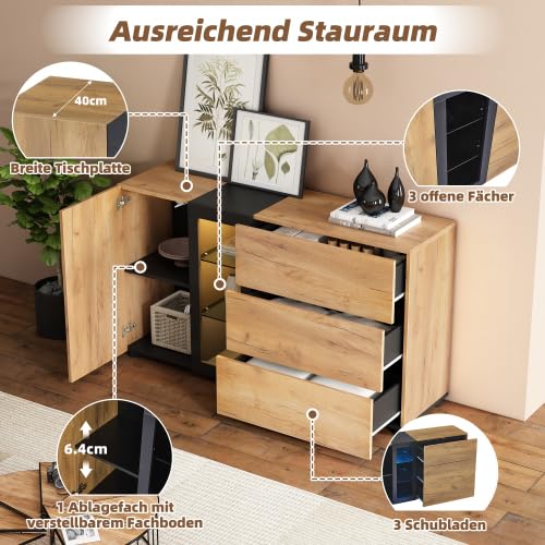 Merax Sideboard mit LED Beleuchtung – Smart App Steuerung, Modernes Design mit Glasregalen, Schubladen & Verstellbaren Einlegeböden, Kommodenschrank für Wohnzimmer und Esszimmer (Schwarz/Braun)