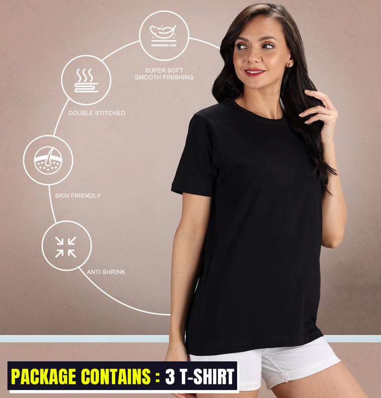Image of Sleepynuts Women's S to 3XL Premium Half Sleeve Round Neck Plain Combed Cotton Tshirt Pack of 3 Loose Fit T-Shirts Combo