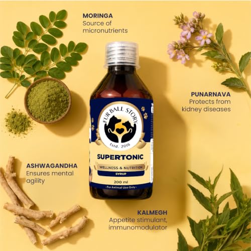 Image of FUR BALL STORY Supertonic Multivitamin Syrup for Dogs & Cats | Pet Immunity & Energy Booster Supplement | Supports Liver, Kidney & Overall Health | with Moringa, Ashwagandha & 10+ Superfoods 200ml