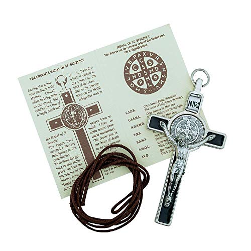 St. Benedict Crucifix With Round St. Benedict Medal Inlay | 3" Silver-Tone And Black Enamel Cross With Cord And Booklet | Patron Saint Of Students And Europe | Made In Italy #TOP6