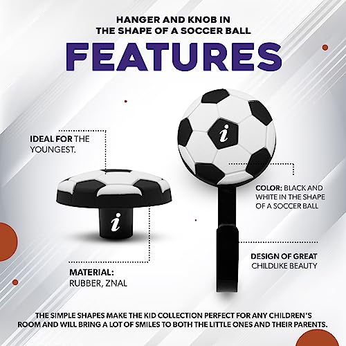 DOJA Barcelona | Möbelknöpfe Kinder + Kinderkleiderbügel | 8 Schrankknöpfe Kinder Fussball und 8 Kinder-Wandhaken Fussball | Aus Gummi und Zink-Aluminium | Kleiderhaken und Schubladenknöpfe