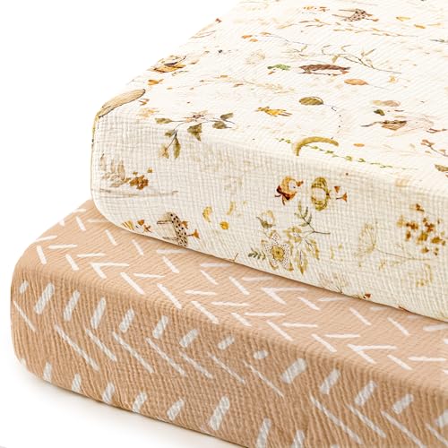 Image of GRSSDER 100% Cotton Muslin Crib Sheet 2 Pack - Breathable & Ultra-Soft Fitted Crib Sheets for Standard Baby & Toddler Mattresses, 52 inchx28 inch with 9 inch Deep Pocket, Snug Fit All-Around Elastic